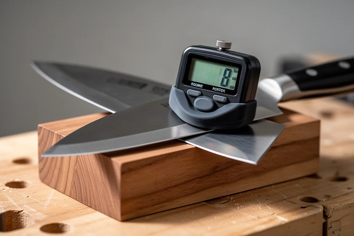 Small magnetic digital angle gauge attached to a knife blade showing a reading