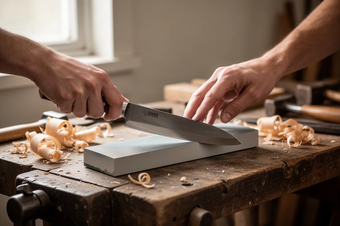 Hand guiding a knife across a sharpening stone on a workbench