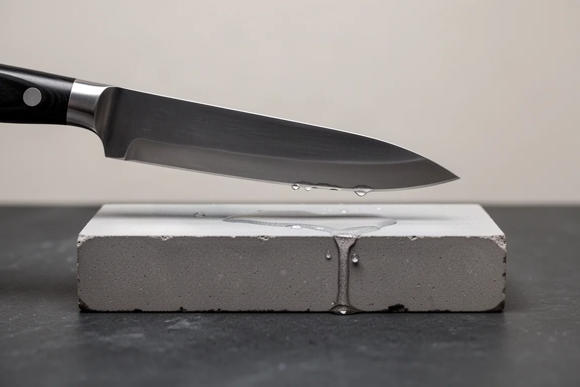 Knife blade held at a consistent angle above a sharpening stone