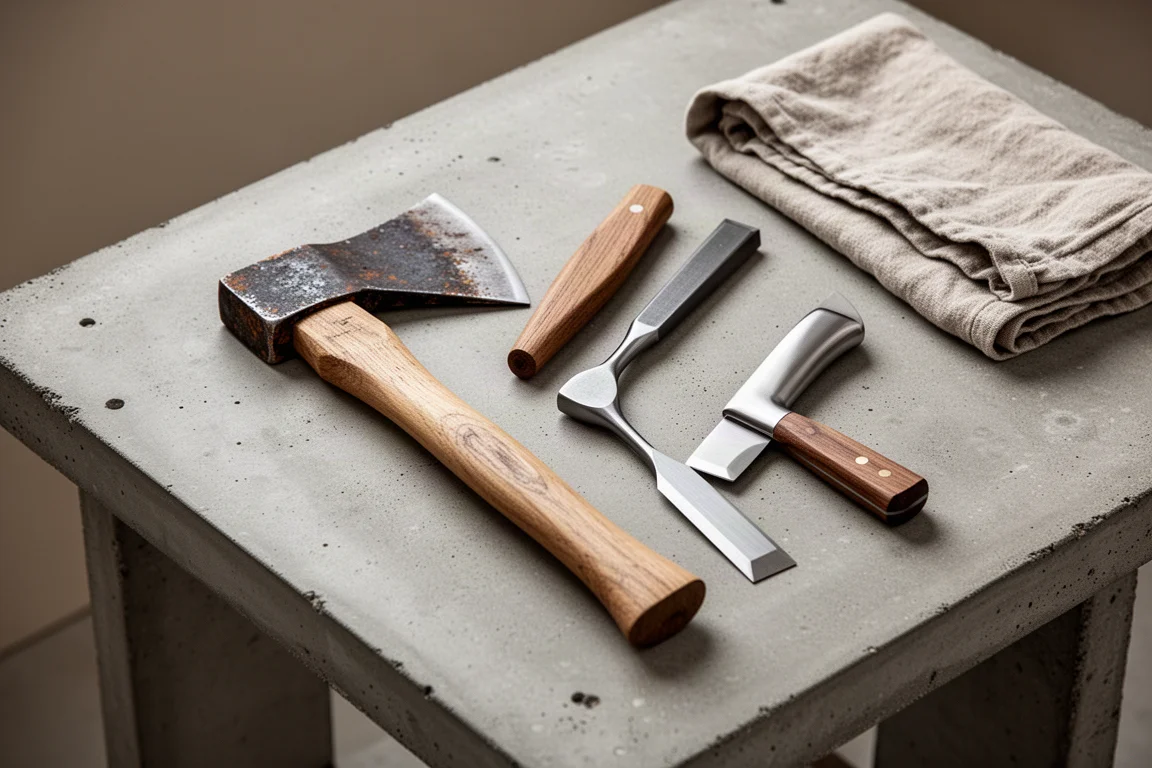 Hatchet and chisel blades laid out on a workbench ready for edge maintenance