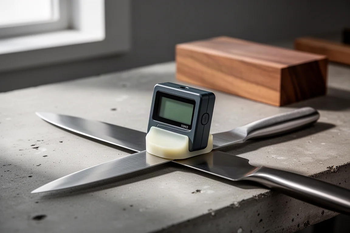 Small digital angle gauge resting on a knife blade on a workbench