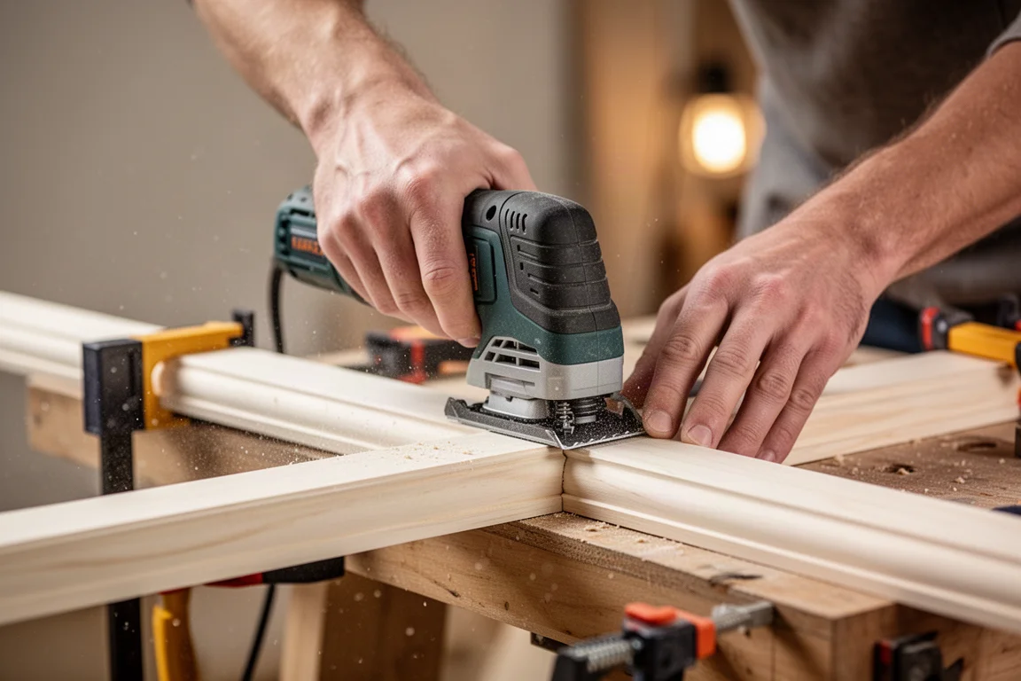 Carpenter cutting wood trim with an oscillating multi-tool in a workshop