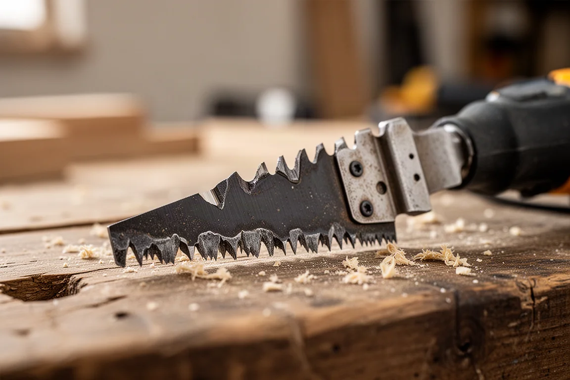 Worn oscillating blade with dulled teeth resting on a workbench