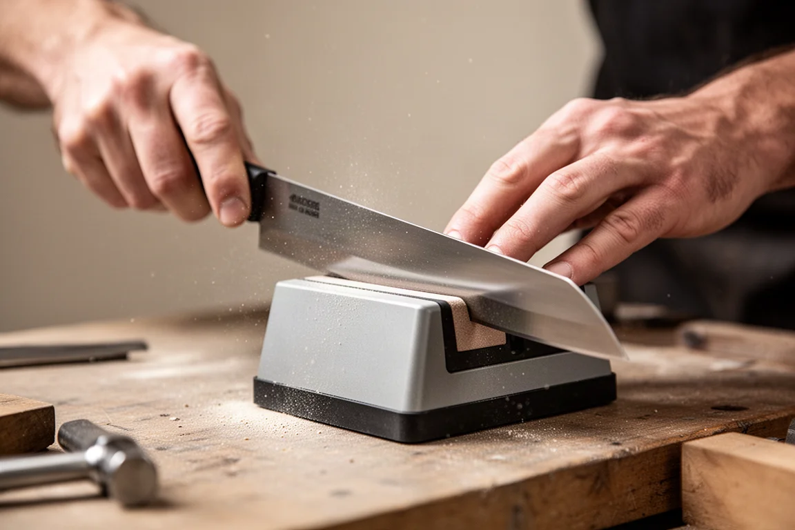 Sharpening a blade edge in progress with fine dust around the work area