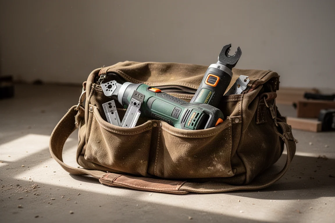 Tool bag with oscillating tool and blades on a workshop floor