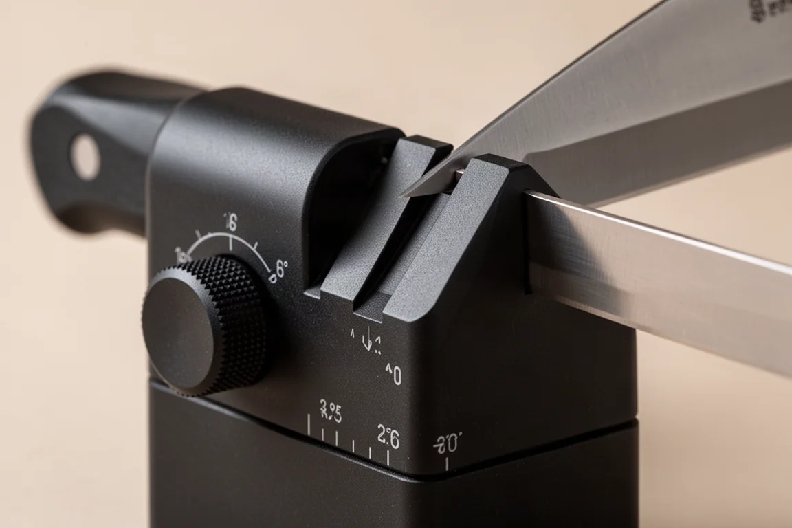 Adjustable angle ramps on a handheld field sharpener with visible degree markings