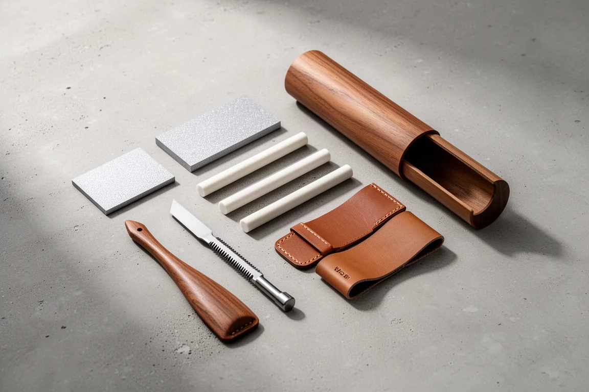 Sharpening stones and strops laid out on a workbench next to a storage tube
