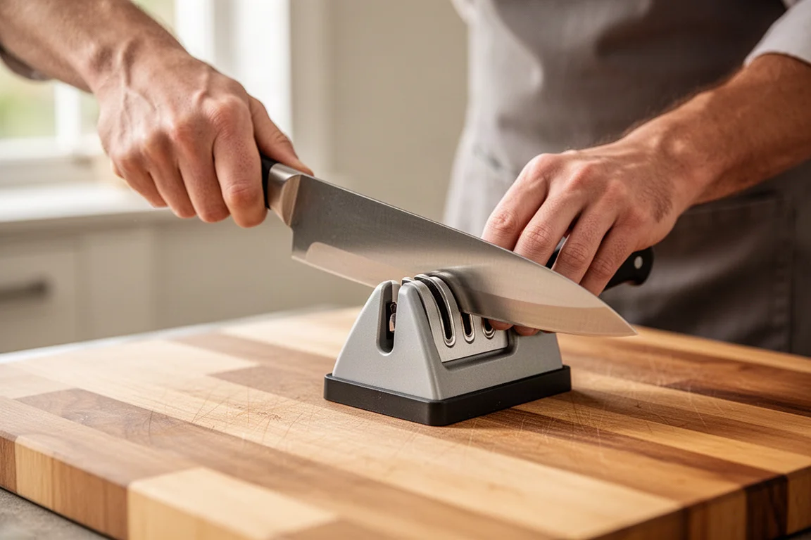 Person honing a kitchen knife on a handheld sharpener at a kitchen counter