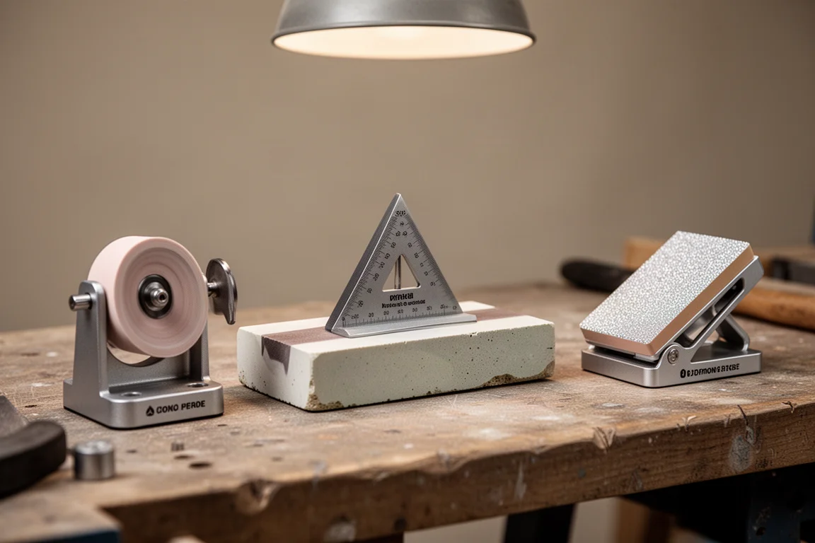 Fixed-angle sharpening tools arranged on a workshop bench