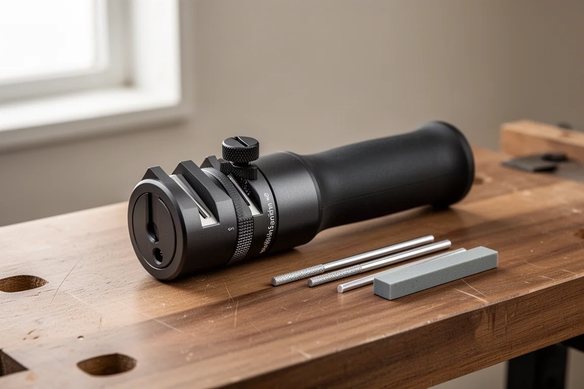 Sharpal TransferRod field sharpener na drewnianym stole warsztatowym z kamieniami do ostrzenia