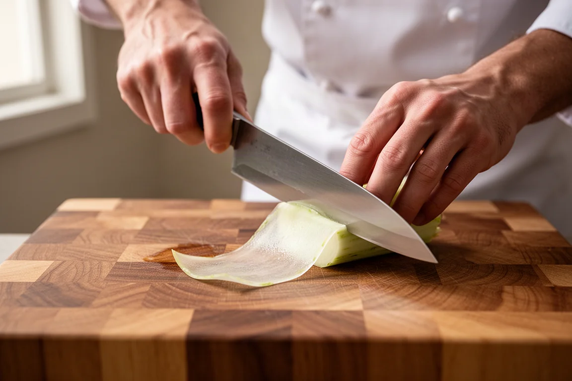 Chef slicing vegetables paper thin on a wooden cutting board in soft kitchen light