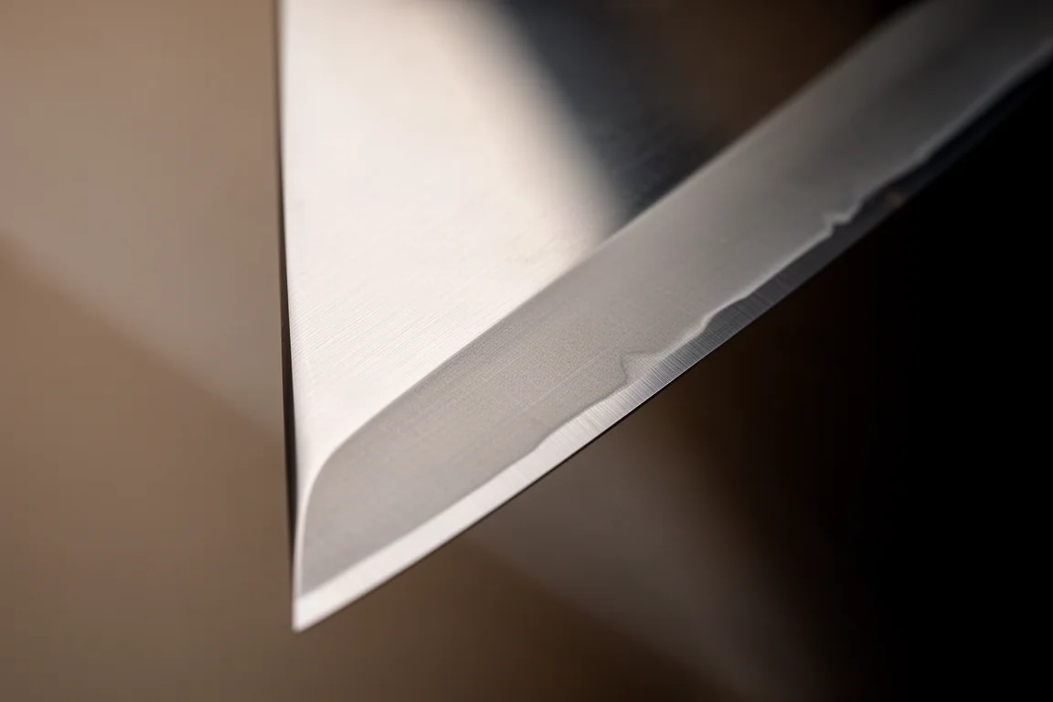 Close-up of a knife's primary bevel showing a tall taper toward the edge