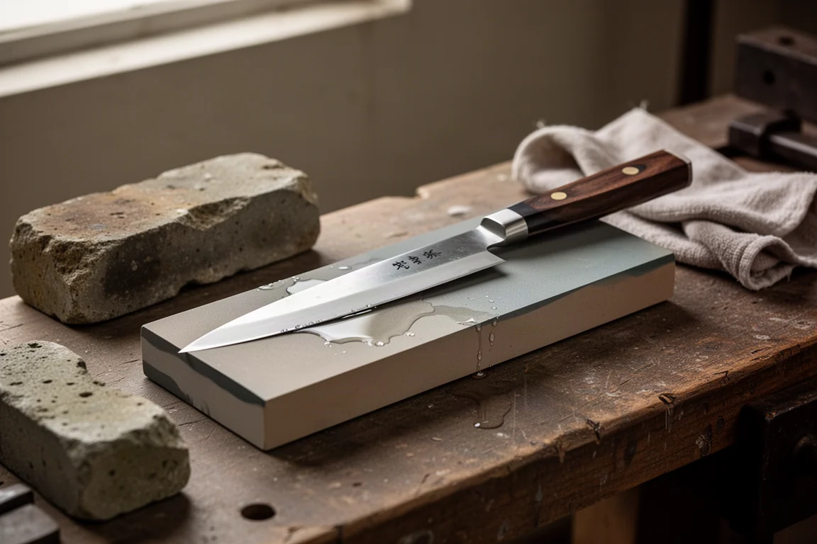 Whetstone sharpening setup with a knife resting on the stone's surface