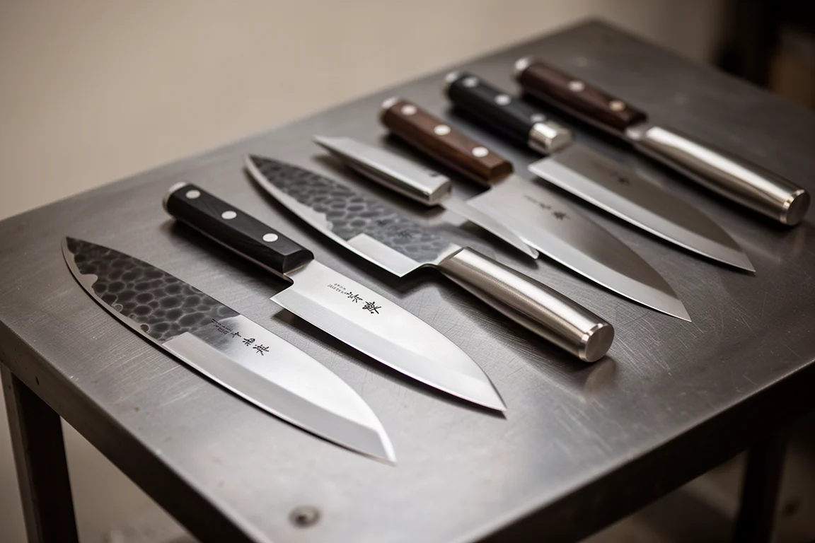 Row of Japanese kitchen knives arranged on a dark workbench surface
