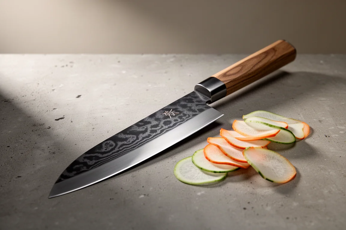 Japanese chef knife with dark patterned blade and paper-thin vegetable slices on concrete
