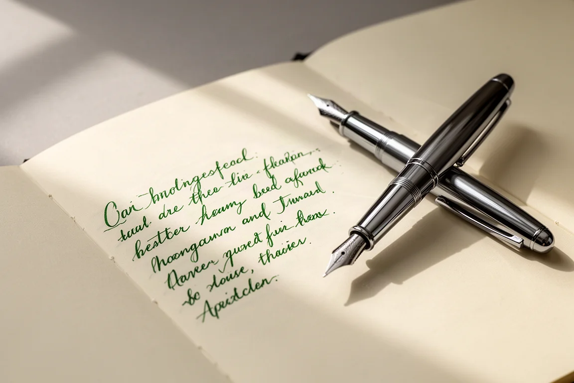 Muestra de escritura de estilográfica sobre papel crema con tinta verde