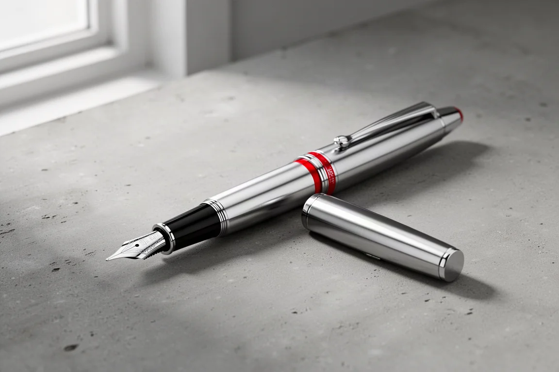Polished chrome fountain pen with black and red accents on a matte concrete surface