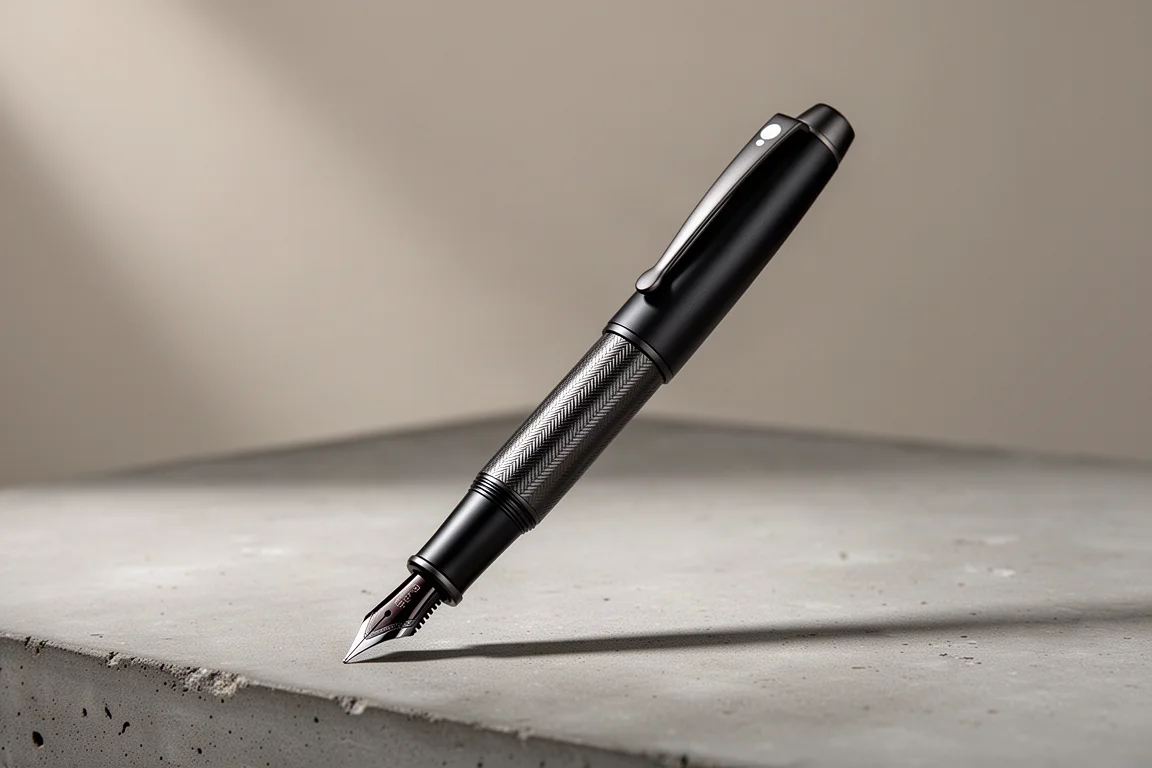 Sheaffer Legacy Chevron fountain pen with gunmetal trim and inlaid nib on a dark desk
