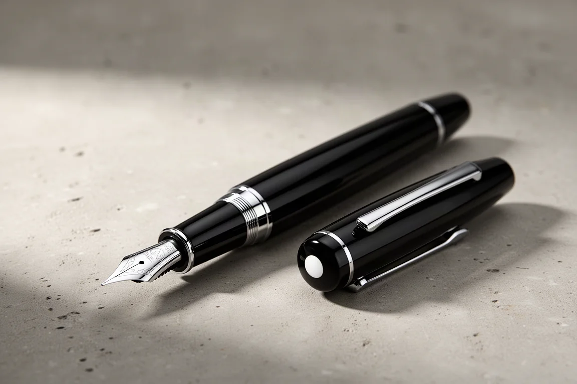 Chrome Sheaffer Legacy fountain pen with inlaid gold nib on a wooden desk