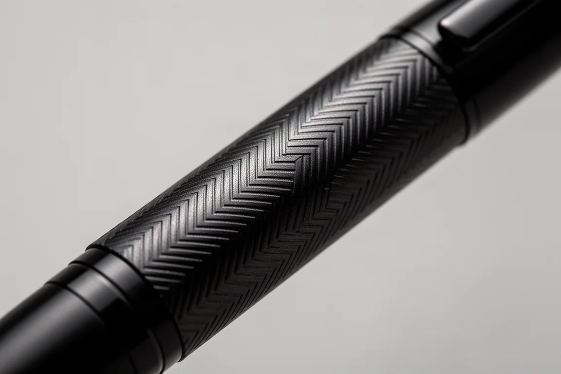 Primo piano del barrel di una stilografica nera con texture a chevron che cattura una luce morbida
