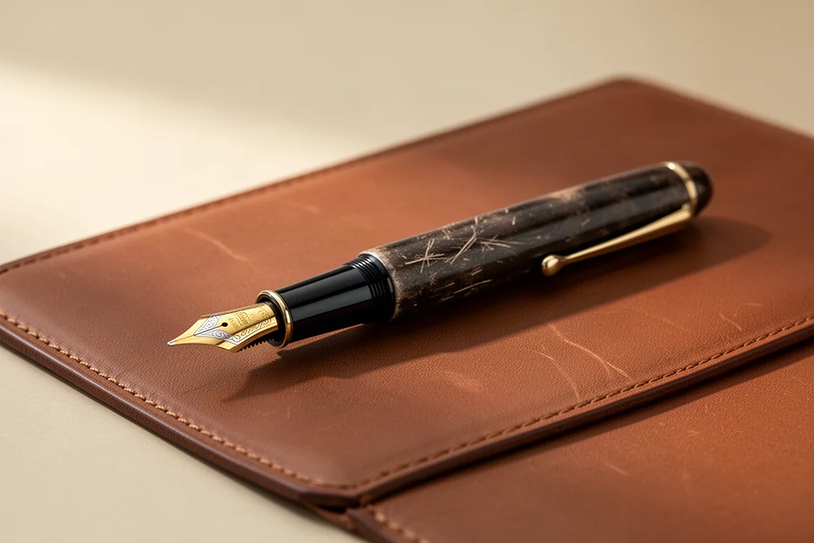 Stilografica vintage con pennino dorato che mostra lievi segni d'uso su una scrivania in pelle