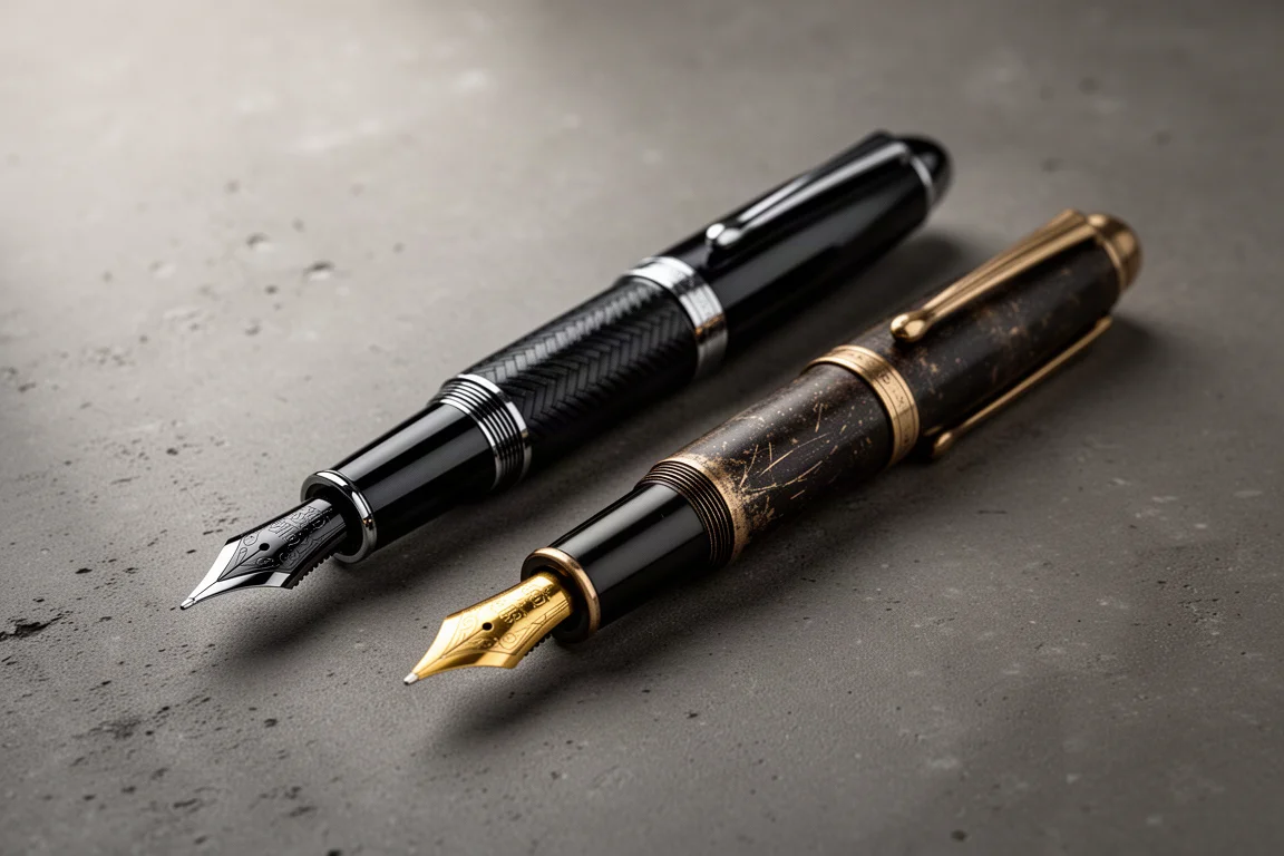 Due stilografiche Sheaffer Legacy, una moderna con finitura nera a chevron e una vintage con pennino dorato, su una superficie scura