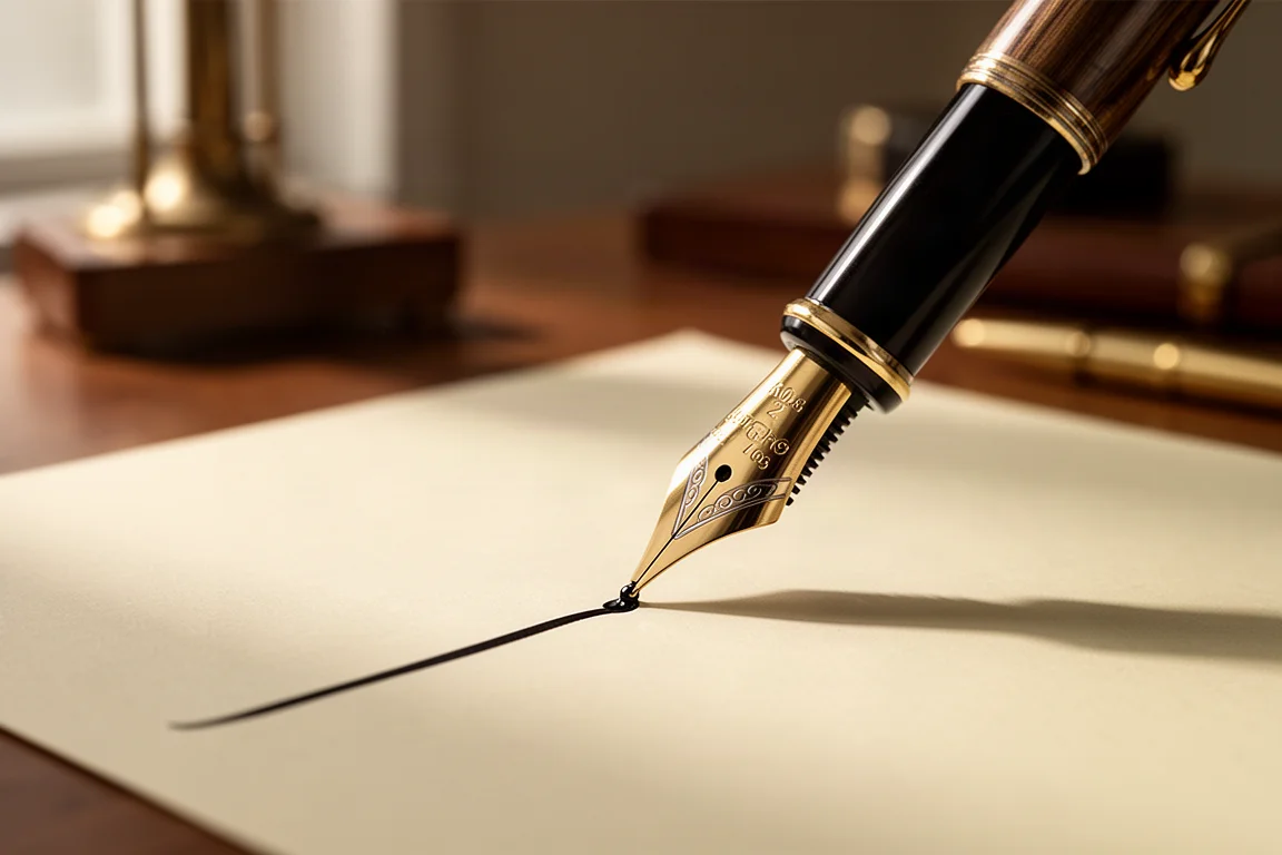 Pennino di una stilografica che scorre su una pagina di scrittura a mano alla calda luce di una scrivania