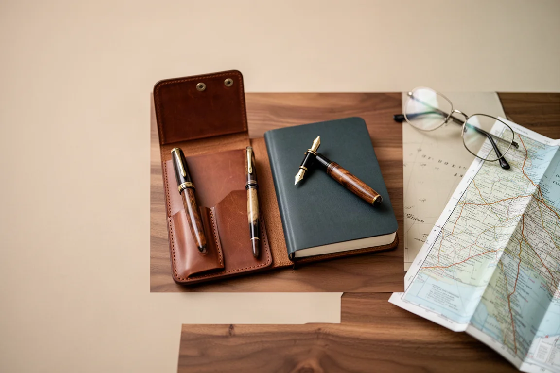 Portapenne aperto con una stilografica vintage accanto a un diario e un taccuino da viaggio