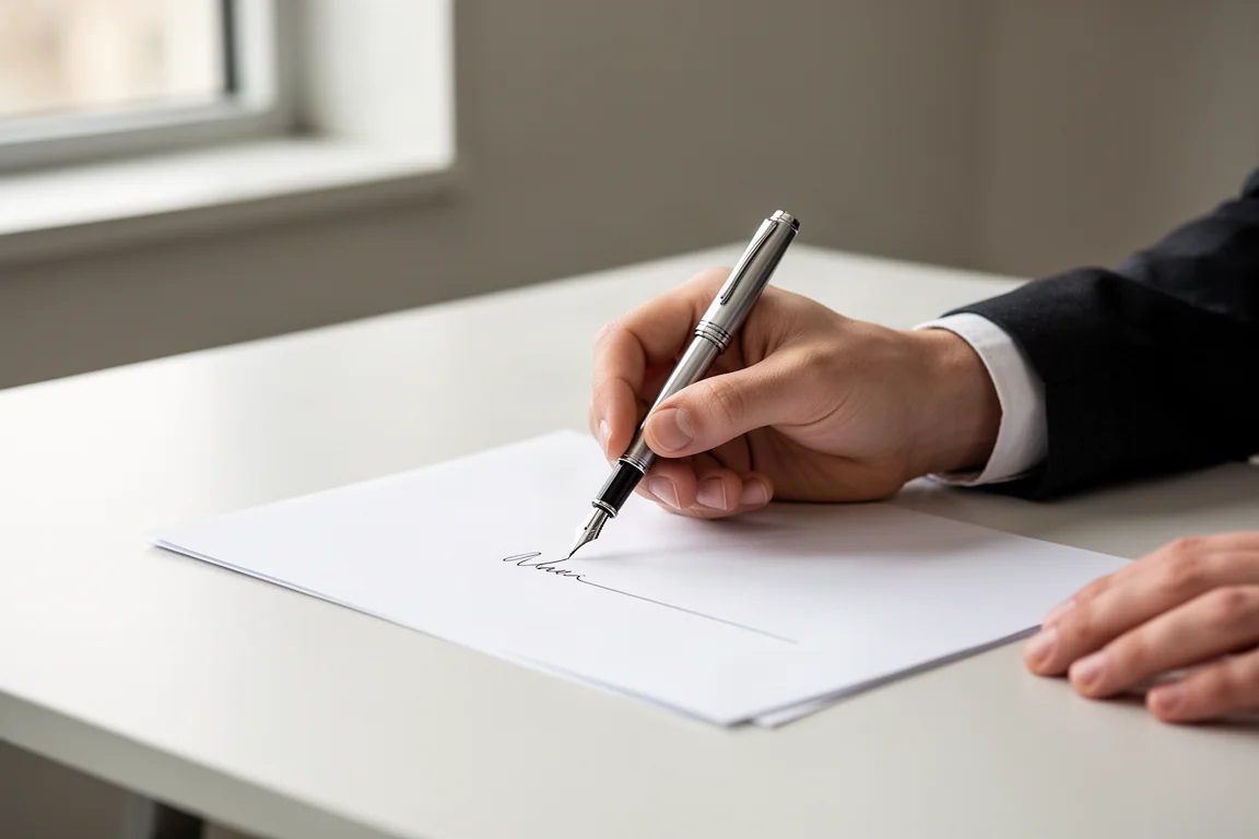 Scrittore che firma un documento con una stilografica su una scrivania d'ufficio in ordine