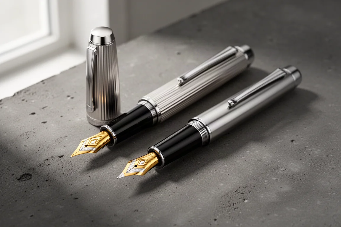 Penne stilografiche Sheaffer Legacy, una vintage con pennino in oro e una moderna con pennino in acciaio, affiancate su cemento scuro