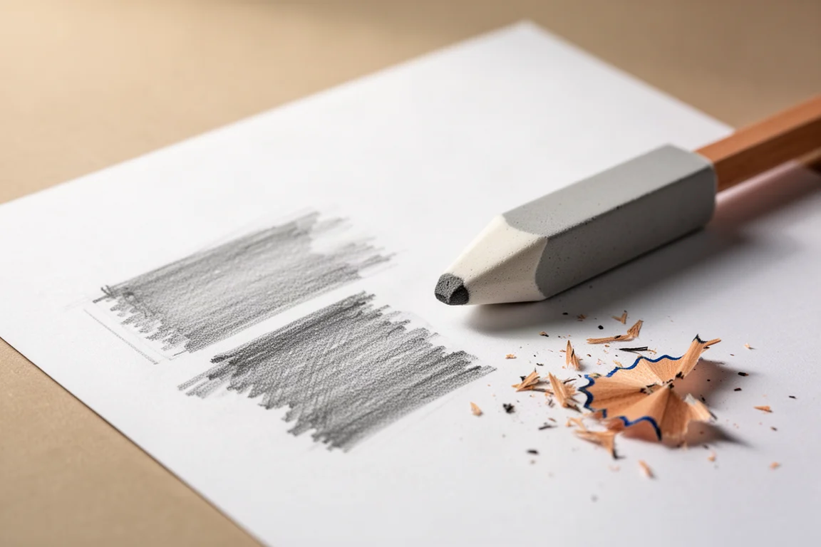 A pencil-shaped eraser lifting graphite cleanly off sketchbook paper