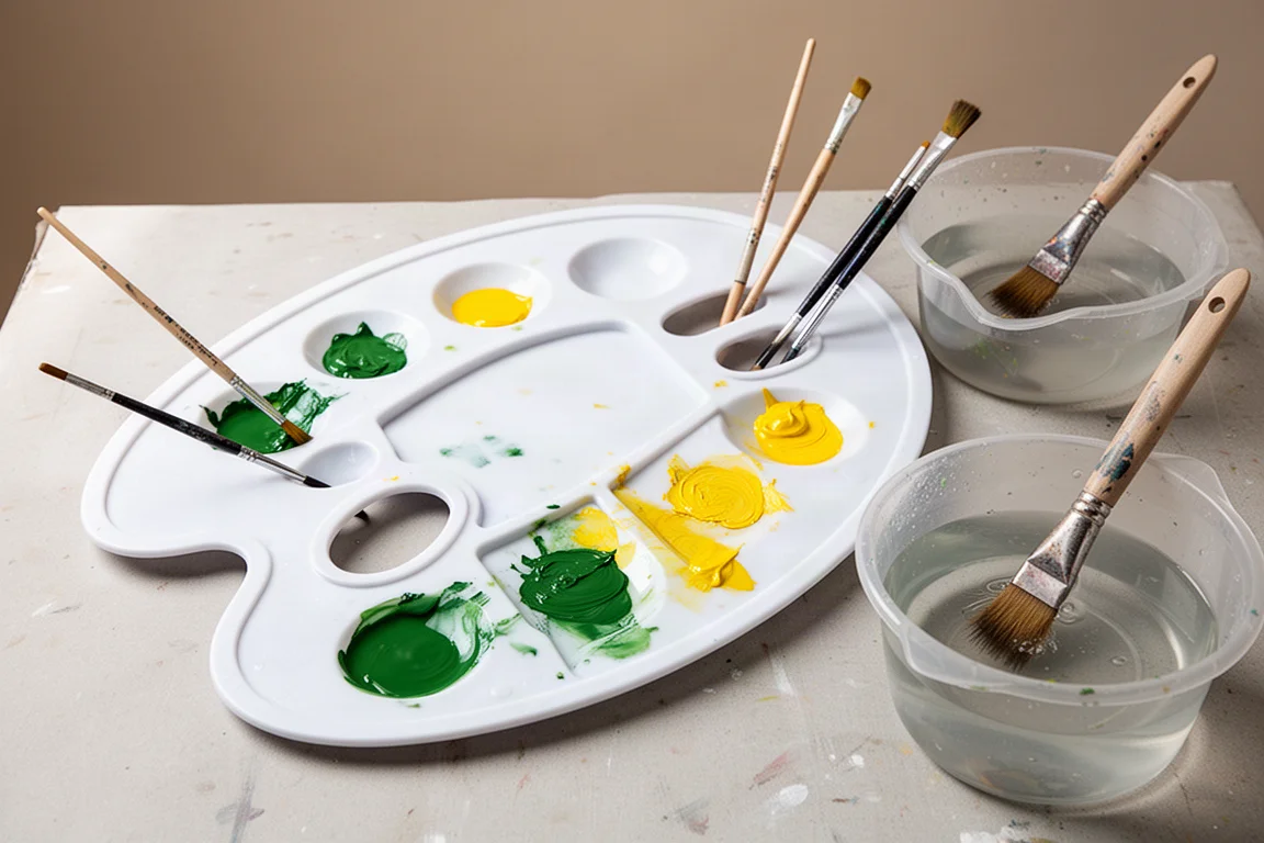A multi-compartment plastic palette holding paint, brushes, and water
