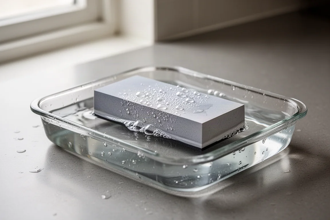 Rechthoekige slijpsteen die wekt in een ondiepe bak water met kleine belletjes die opstijgen