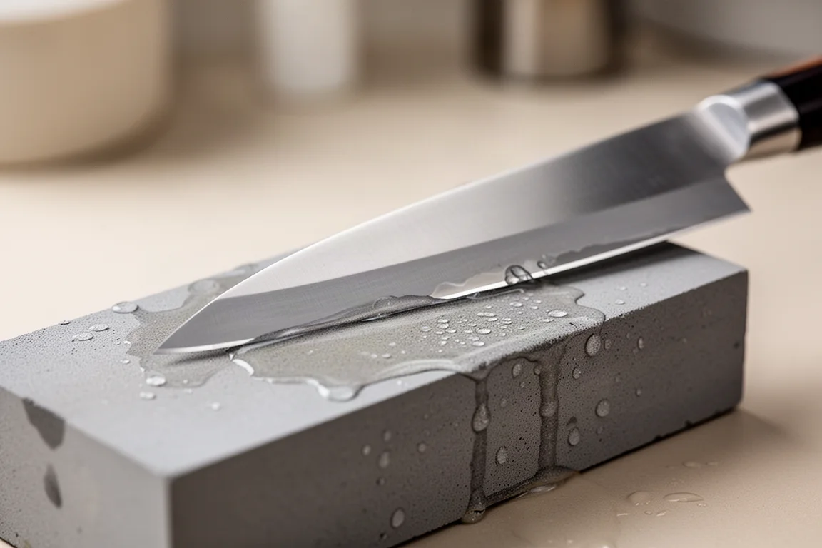 Close-up van een mesblad dat over een natte grijze slijpsteen wordt getrokken