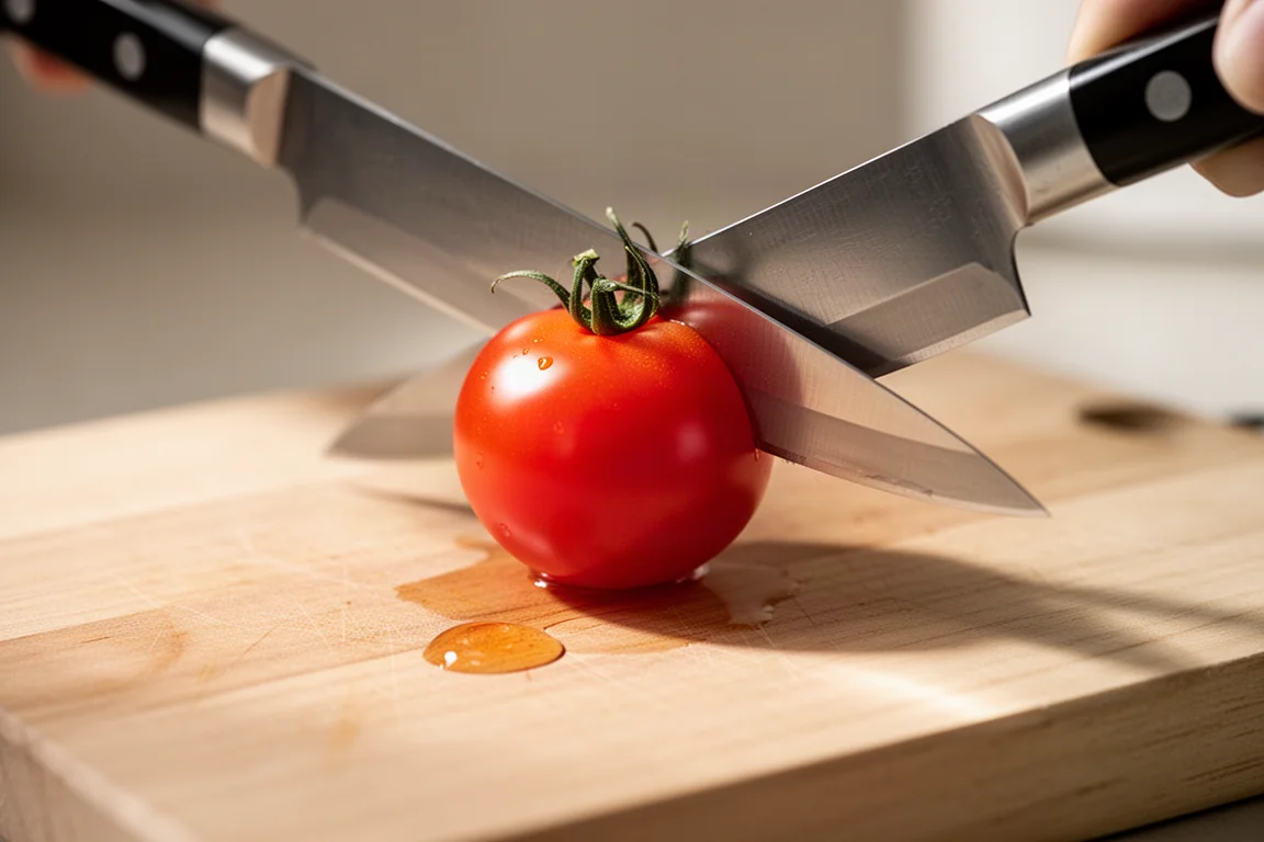 Dun Japans keukenmes dat schoon door een rijpe cherrytomaat snijdt op een snijplank