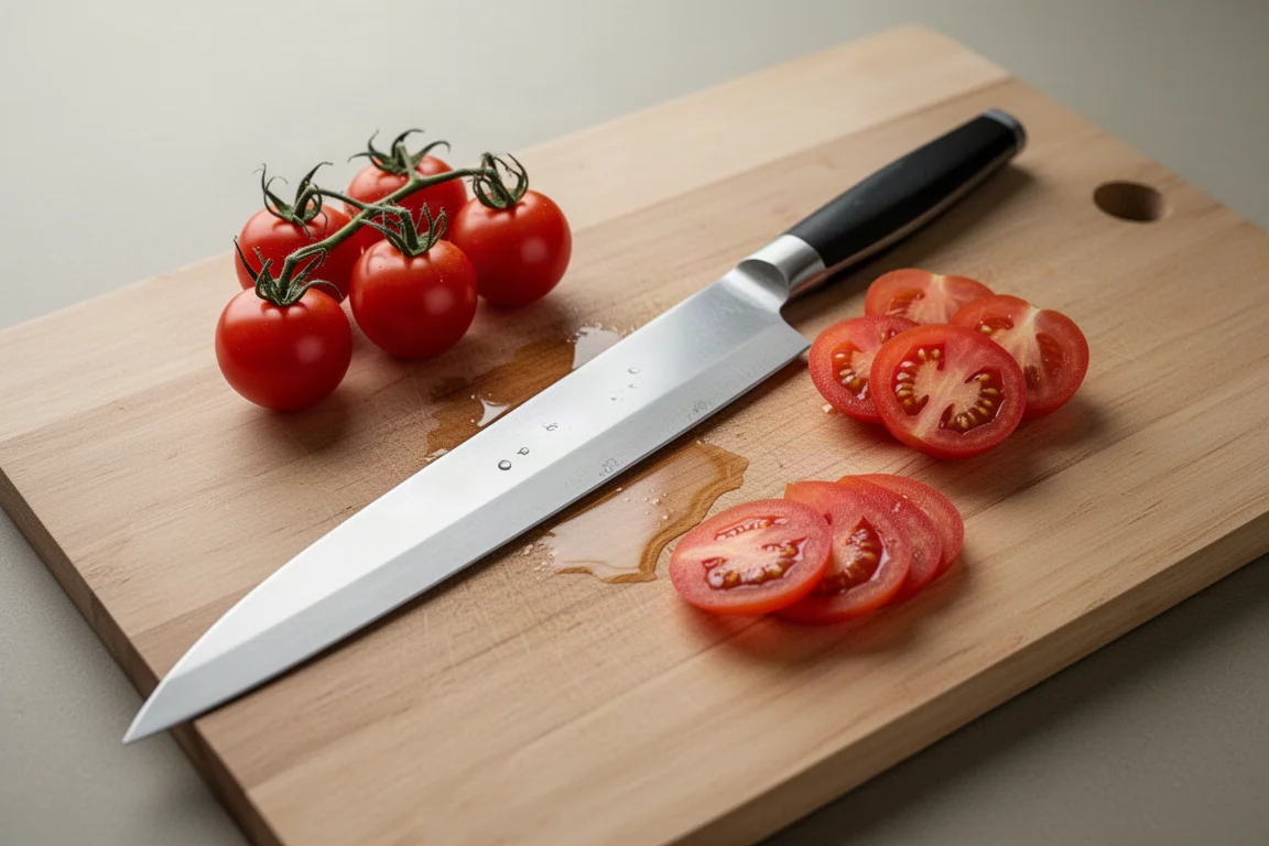 Cuchillo japonés para rebanar, largo y estrecho, apoyado junto a tomates cherry cortados por la mitad sobre una tabla de cortar