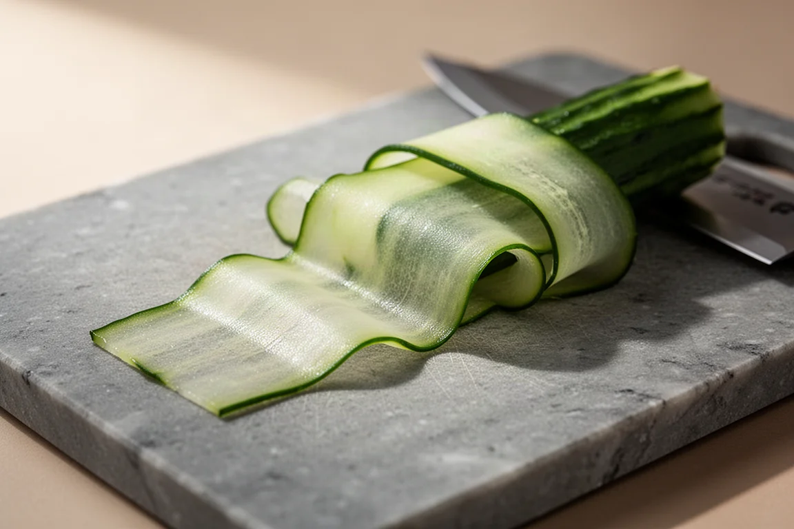 Finas láminas de pepino cortándose sobre una tabla, mostrando un corte largo y limpio