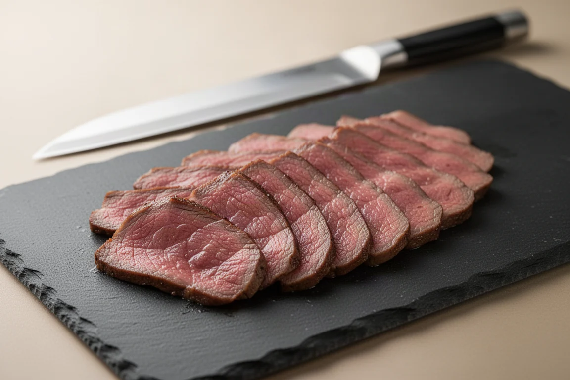 Láminas ultrafinas de flat iron steak dispuestas en abanico sobre una tabla oscura