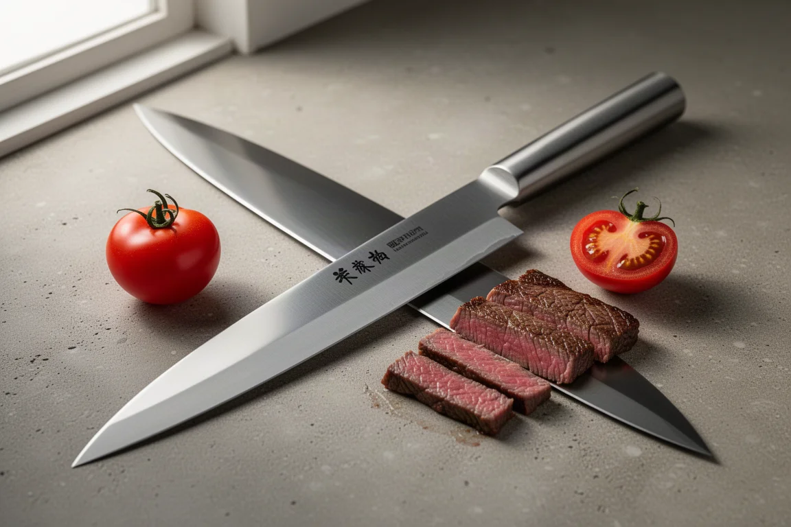 Long narrow Japanese slicing knife beside cherry tomato and thin steak slices on concrete