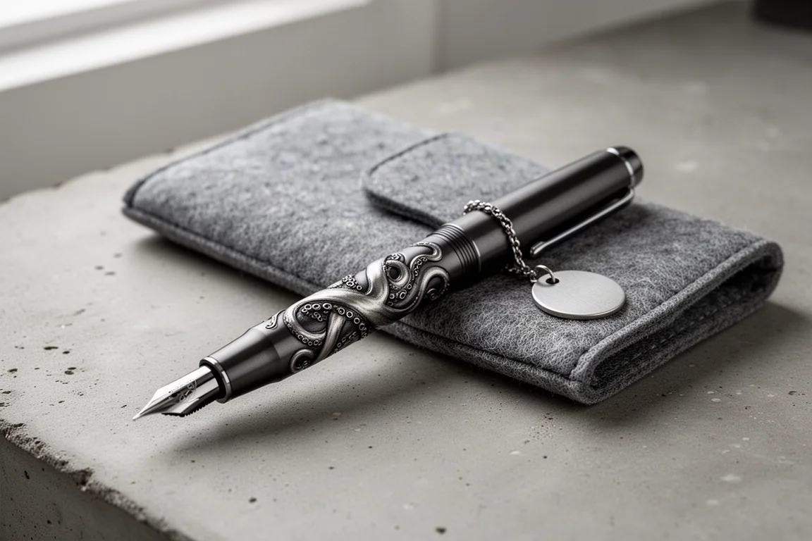 Fountain pen with engraved cosmic monster artwork resting on a felt sleeve