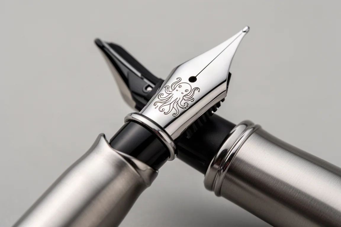 Close-up of an engraved stainless steel fountain pen nib and plastic feed