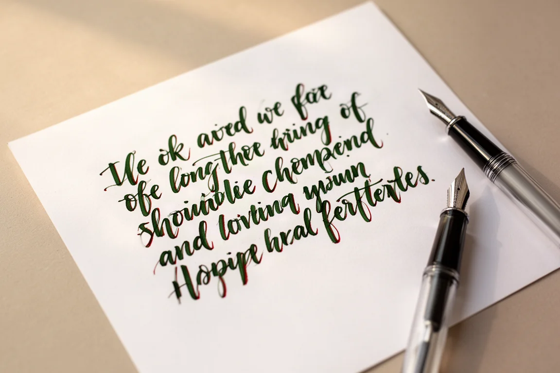 Handwritten fountain pen writing sample in deep green ink with red sheen