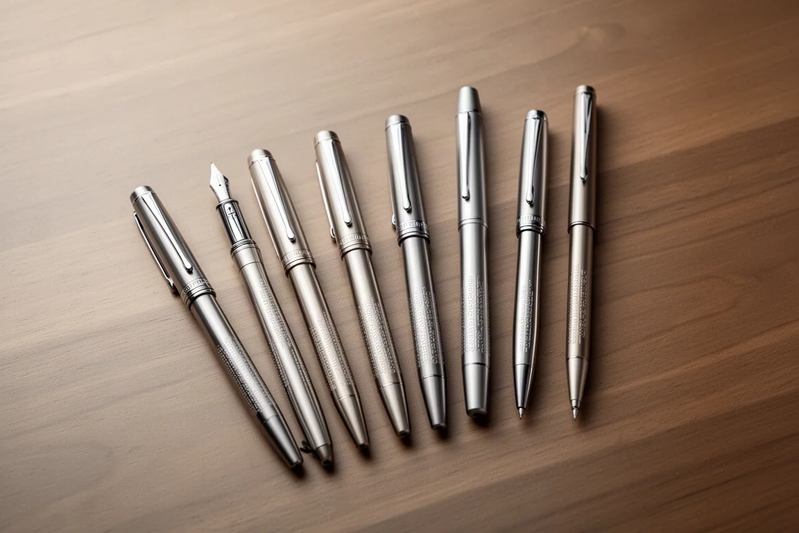 Aluminum fountain pen alongside several other artisan fountain pens for size comparison