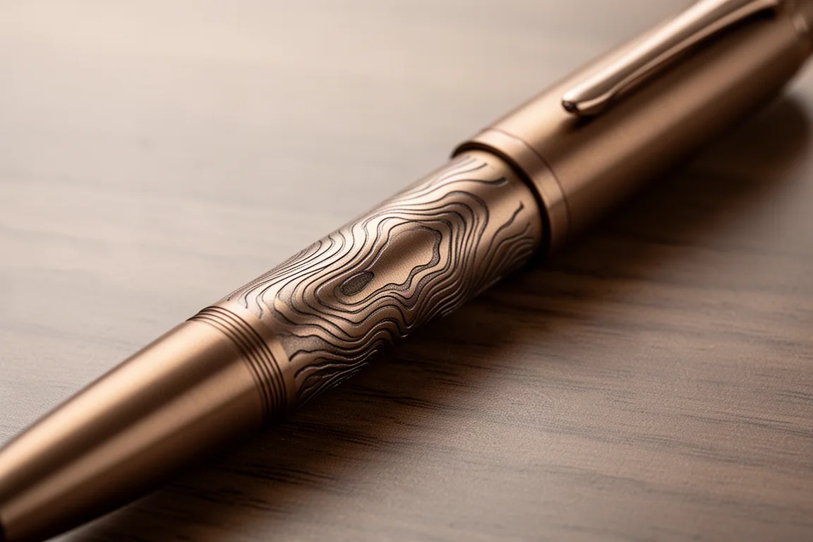 Pluma estilográfica con un patrón de metal laminado grabado sobre un escritorio de madera