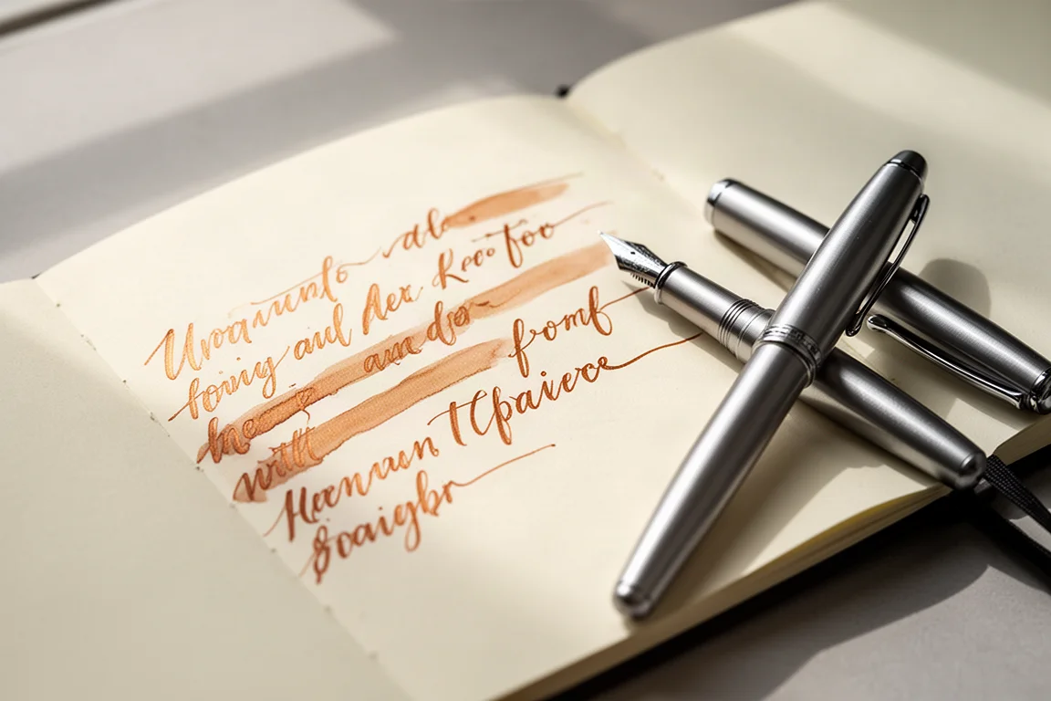Muestra de escritura en tinta marrón cobre sobre papel crema junto a una pluma estilográfica