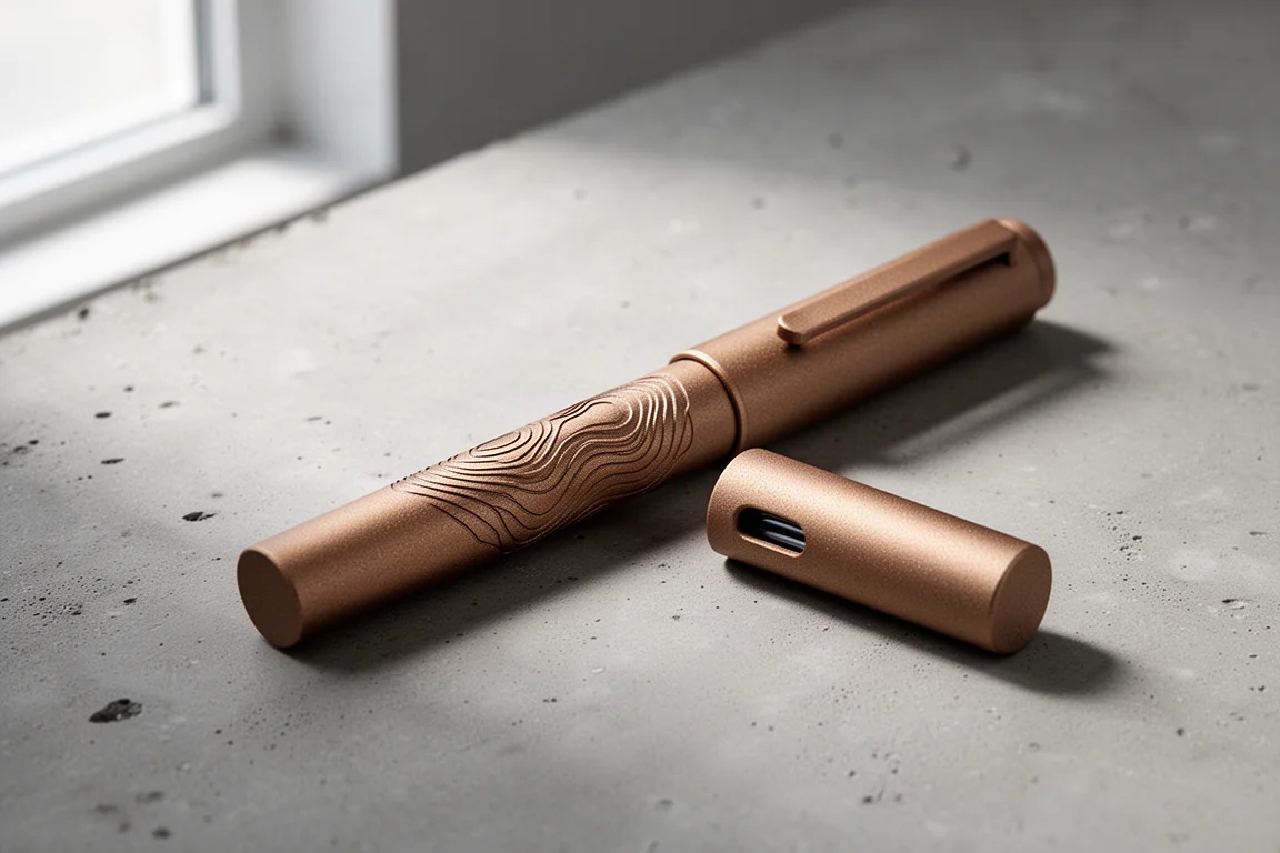 Handmade bronze aluminum fountain pen with engraved barrel on concrete surface