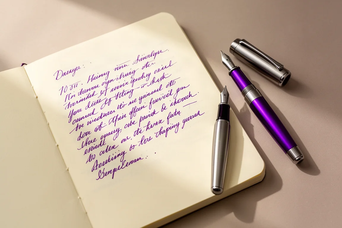 Campione di scrittura a mano con inchiostro viola su carta crema accanto a una piccola fontanina