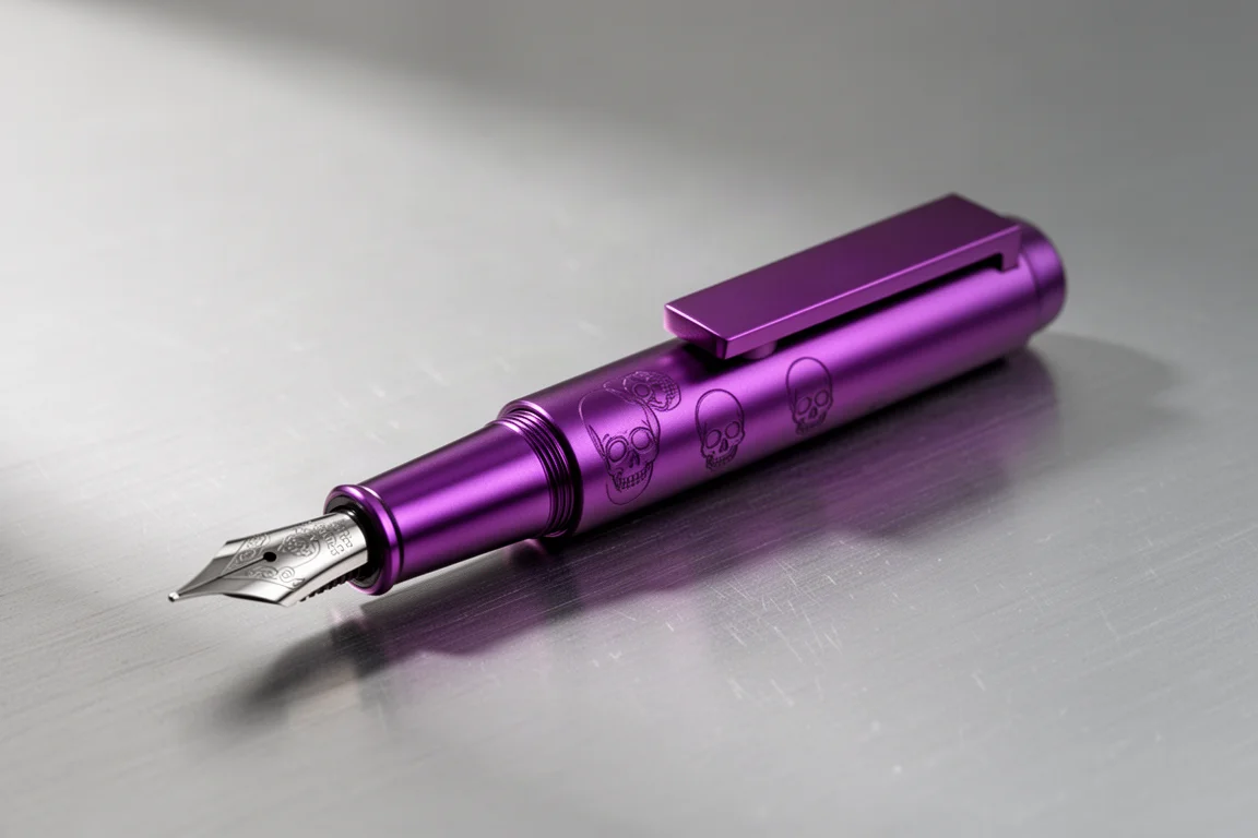 Kleiner Füllfederhalter aus Edelstahl mit violettem Lack und gravierten Motiven auf gebürstetem Aluminium