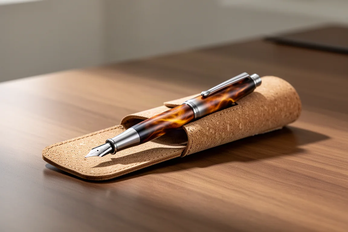 Compact titanium fountain pen resting on a cork sleeve with flame-treated finish