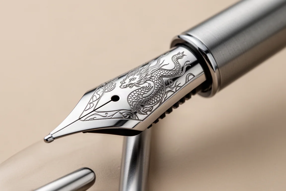Close-up of engraved stainless steel fountain pen nib with creature detailing
